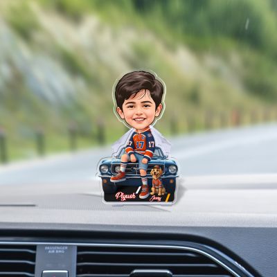 Personalized Bobblehead Caricature with Motorcycle Solar Car Accessories for Dashboard Decor Solar Powered Head Shaking Feature (Customized Boy & Dog Caricature)